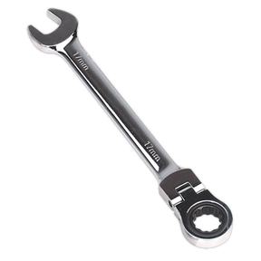 The Flexi-Head Ratchet Combination Spanner 17mm - FHRCW17 by Sealey features an open-end and a ratcheting box-end, constructed with durable Chrome Vanadium steel.