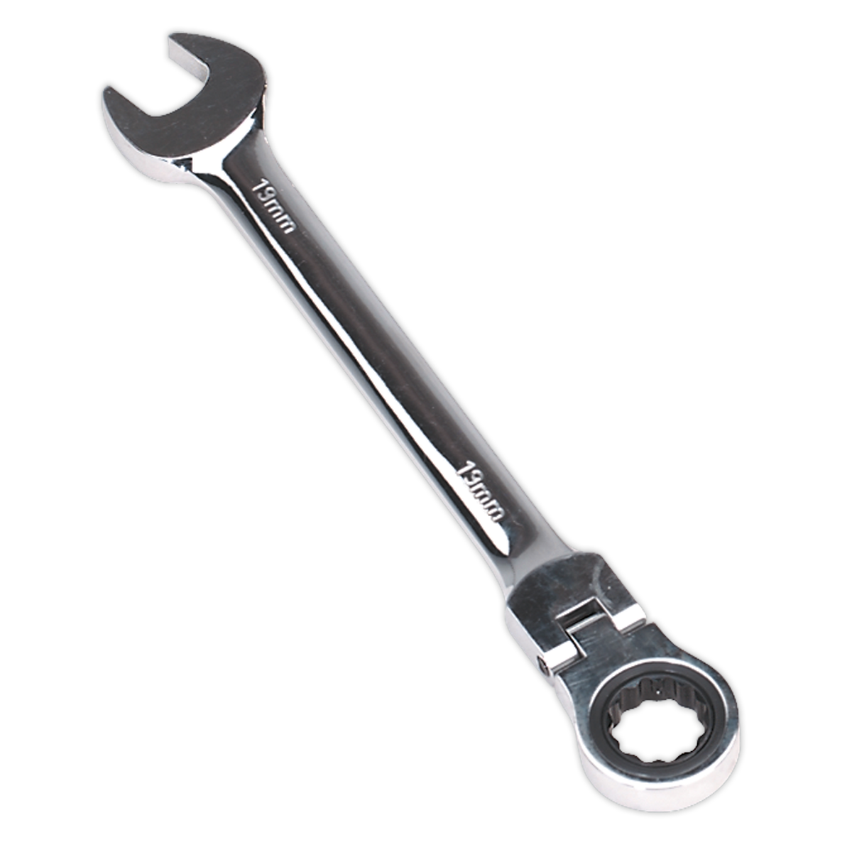 The Sealey Flexi-Head Ratchet Combination Spanner 19mm - FHRCW19 is a chrome-plated tool featuring an open-end wrench on one side and a ratcheting box-end wrench on the other, made from durable Chrome Vanadium steel and marked "19mm" on both sides.