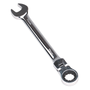 The Sealey Flexi-Head Ratchet Combination Spanner 19mm - FHRCW19 is a chrome-plated tool featuring an open-end wrench on one side and a ratcheting box-end wrench on the other, made from durable Chrome Vanadium steel and marked "19mm" on both sides.