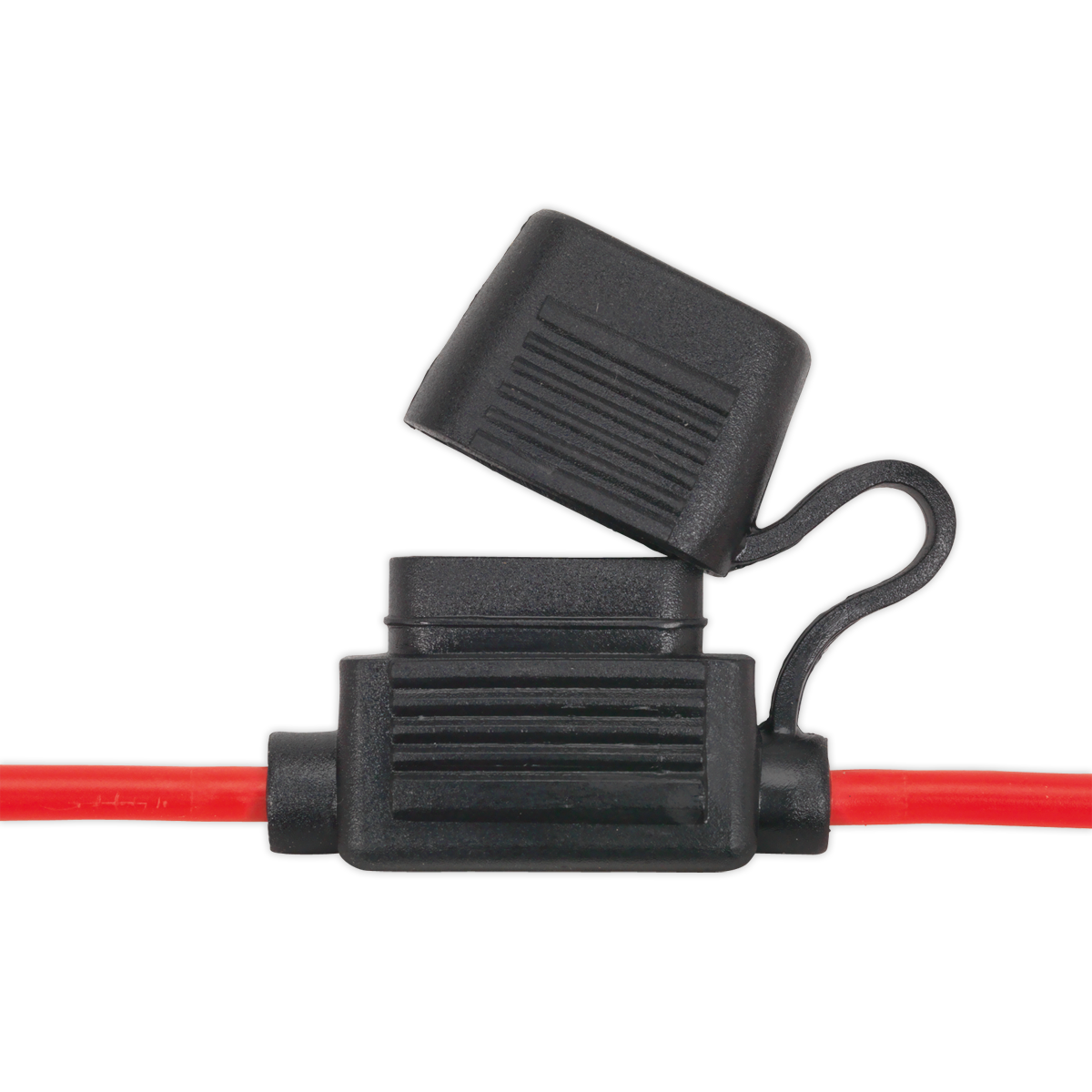 Close-up of a Sealey Standard Blade Fuse Holder Splashproof 30A - FHSP30 with an open cover, connected to a red wire. This pack of 10 holders is compatible with standard blade fuses.