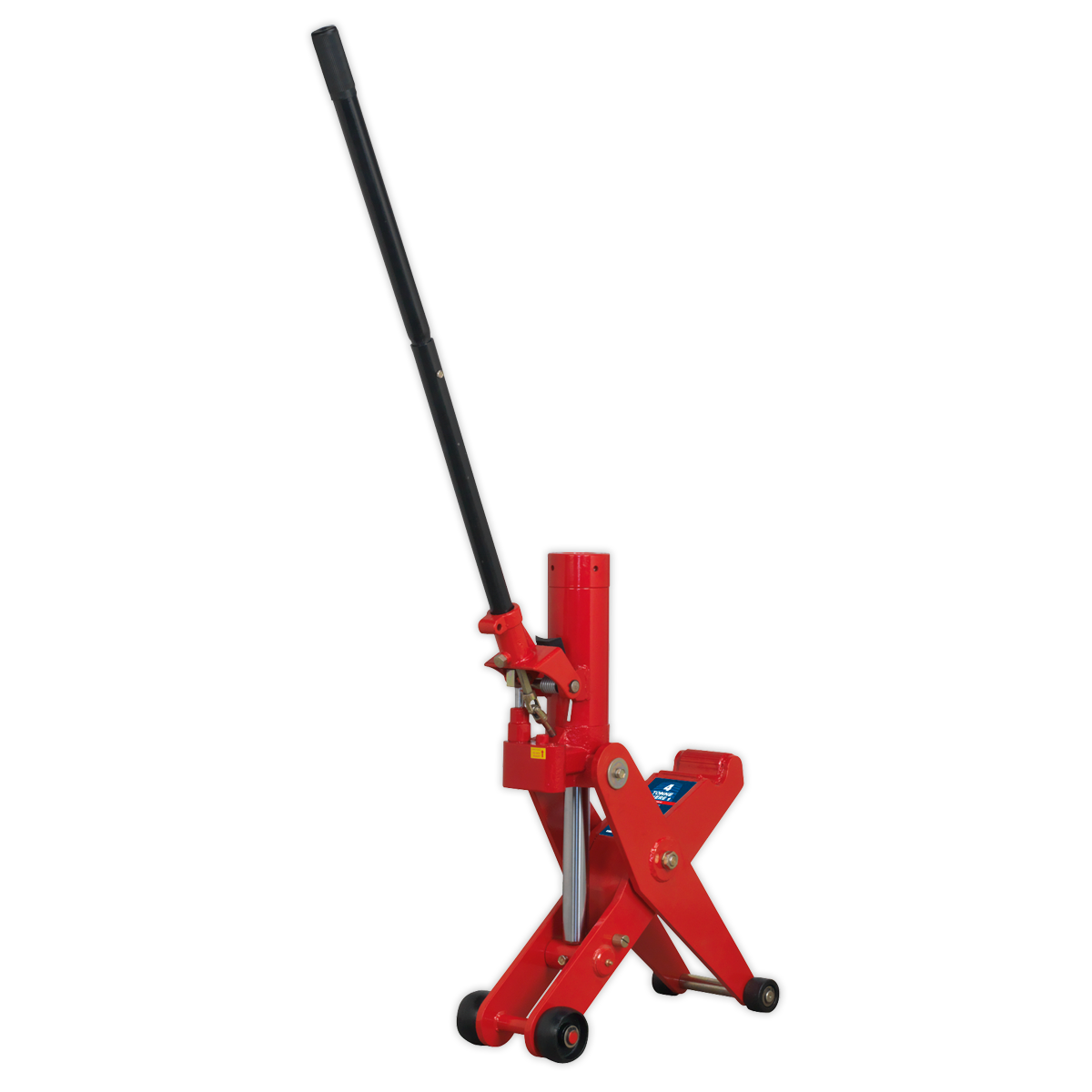 The Sealey Hydraulic Forklift/Tractor Jack 4/5 Tonne - FJ45 stands upright with a long black lever, making it ideal for agricultural vehicles. It features wheels at the base for mobility and is perfect for those with low ground clearance.