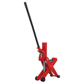 The Sealey Hydraulic Forklift/Tractor Jack 4/5 Tonne - FJ45 stands upright with a long black lever, making it ideal for agricultural vehicles. It features wheels at the base for mobility and is perfect for those with low ground clearance.