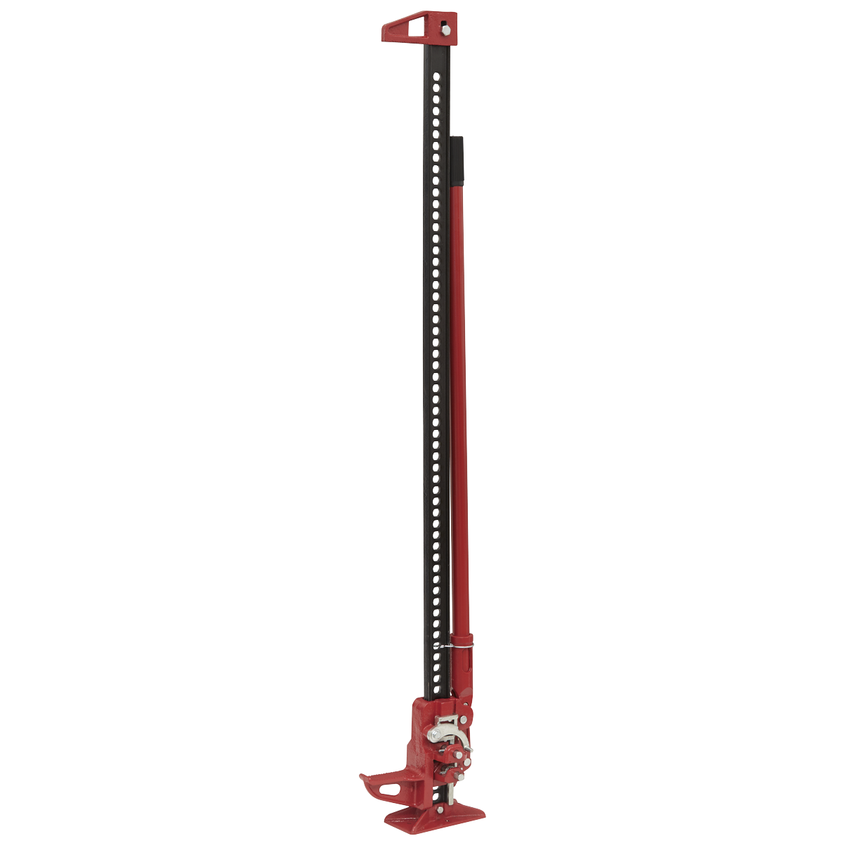 A red and black Sealey Farm Jack 1500mm - 2 Tonne Capacity (FJ60) with a reversible ratchet mechanism stands upright against a white background, showcasing its versatile unit design.