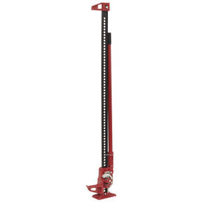 A red and black Sealey Farm Jack 1500mm - 2 Tonne Capacity (FJ60) with a reversible ratchet mechanism stands upright against a white background, showcasing its versatile unit design.