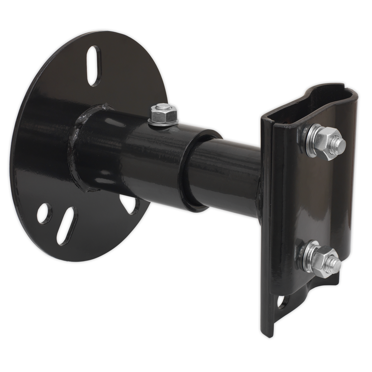 A black metal *Sealey Farm Jack Wheel Mount Bracket - FJWMB* with a circular base and two bolts securing the bracket arm, perfect for mounting an off-road farm jack.