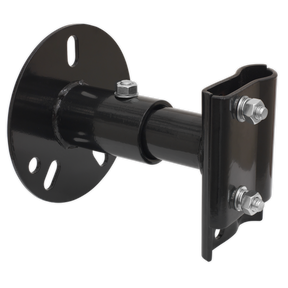 A black metal *Sealey Farm Jack Wheel Mount Bracket - FJWMB* with a circular base and two bolts securing the bracket arm, perfect for mounting an off-road farm jack.