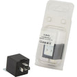 A black FLASHER RELAY AGRIPAK 2 (4) X21W-12V (Sparex Part No. S.26423) from Sparex sits next to its clear plastic packaging with product information written on the label.