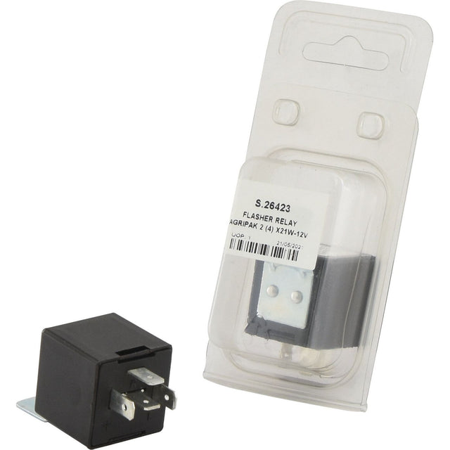 A black FLASHER RELAY AGRIPAK 2 (4) X21W-12V (Sparex Part No. S.26423) from Sparex sits next to its clear plastic packaging with product information written on the label.