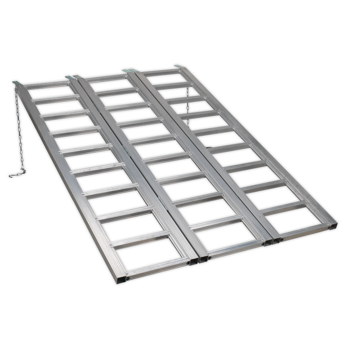 The Sealey Motorcycle/Trike/ATV & Mini Tractor Ramp Wide Tri-Fold 680kg Capacity (FLR680T) is a foldable, aluminium loading ramp designed with a grid pattern, featuring two side-by-side lanes and a safety chain on one side, perfect for loading and unloading vehicles.