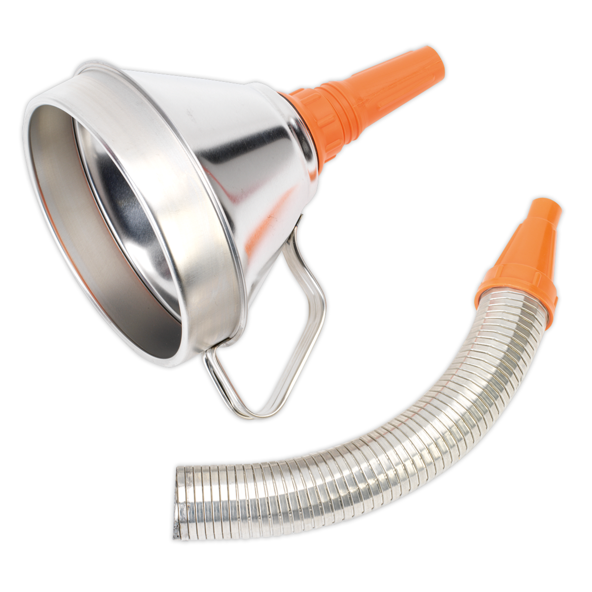 The Sealey Funnel Metal with Flexible Spout & Filter Ø160mm - FM16F is shown, featuring a metal funnel with an orange spout, a flexible, detachable metal tube with an orange end, and a removable brass filter for industrial use.