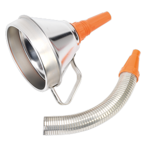 The Sealey Funnel Metal with Flexible Spout & Filter Ø160mm - FM16F is shown, featuring a metal funnel with an orange spout, a flexible, detachable metal tube with an orange end, and a removable brass filter for industrial use.