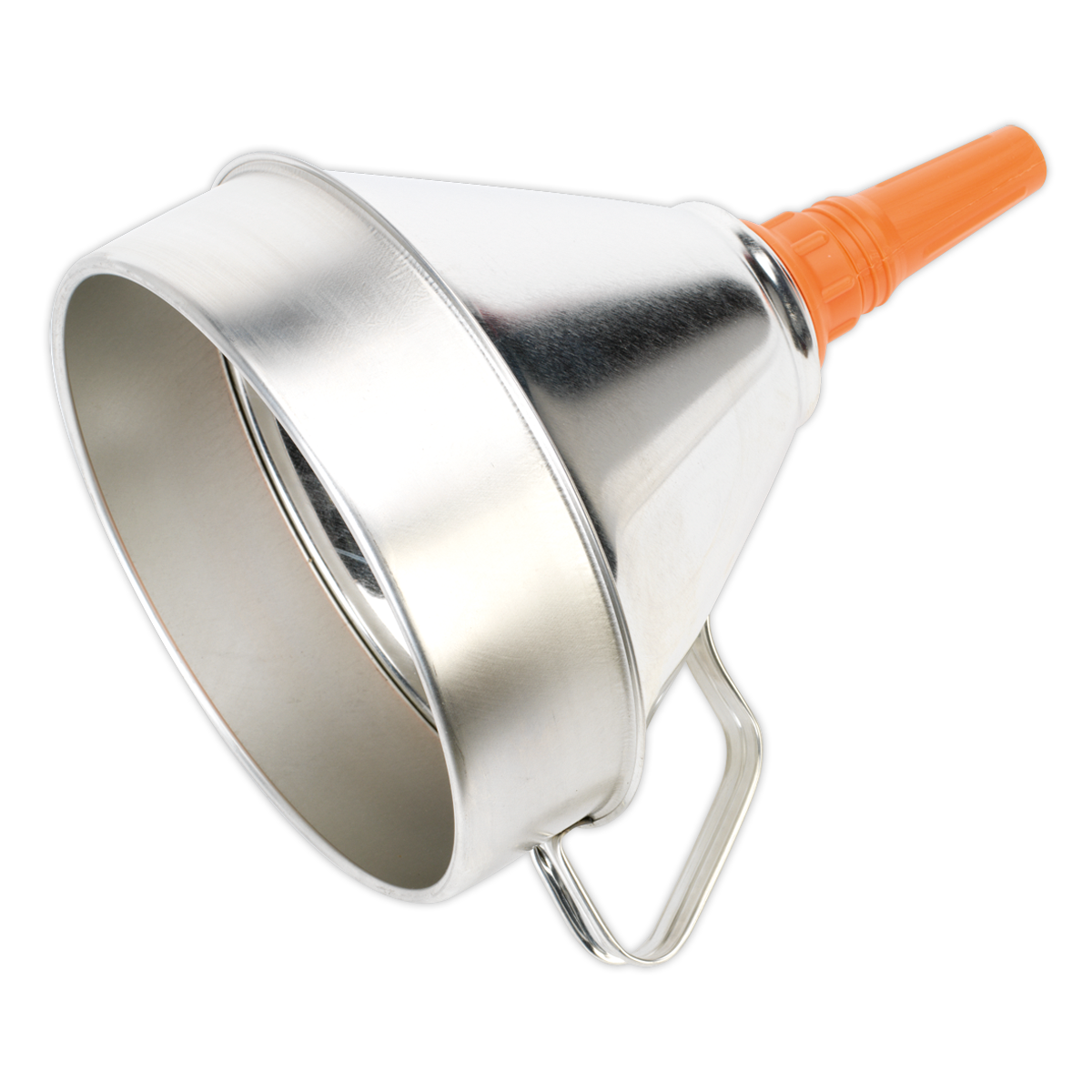 The Sealey Funnel Metal with Filter Ø200mm - FM20 features a metal body, a polyethylene spout, and a side handle, making it ideal for industrial use.