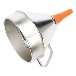 The Sealey Funnel Metal with Filter Ø200mm - FM20 features a metal body, a polyethylene spout, and a side handle, making it ideal for industrial use.