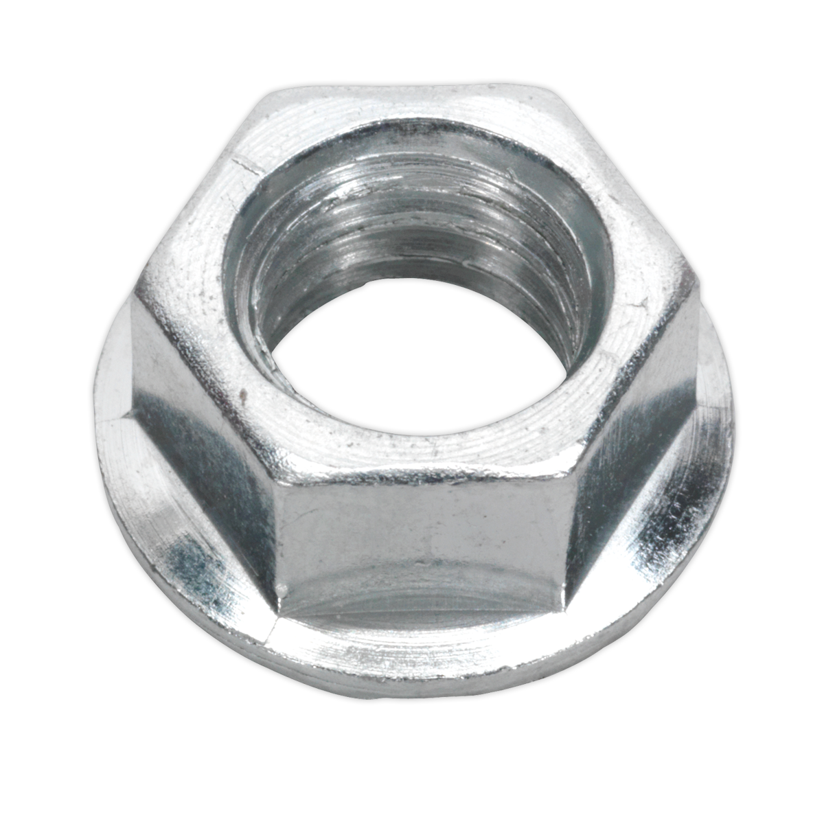 The Sealey Flange Nut Serrated M10 Zinc Pack of 100 - FN10 consists of shiny metal hex nuts with internal threading, specifically designed to fasten bolts. These zinc-plated serrated flange nuts meet DIN 6923 standards, ensuring durability and reliable fastening.