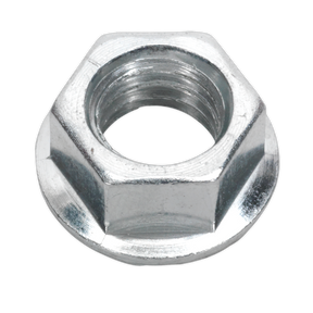 The Sealey Flange Nut Serrated M10 Zinc Pack of 100 - FN10 consists of shiny metal hex nuts with internal threading, specifically designed to fasten bolts. These zinc-plated serrated flange nuts meet DIN 6923 standards, ensuring durability and reliable fastening.