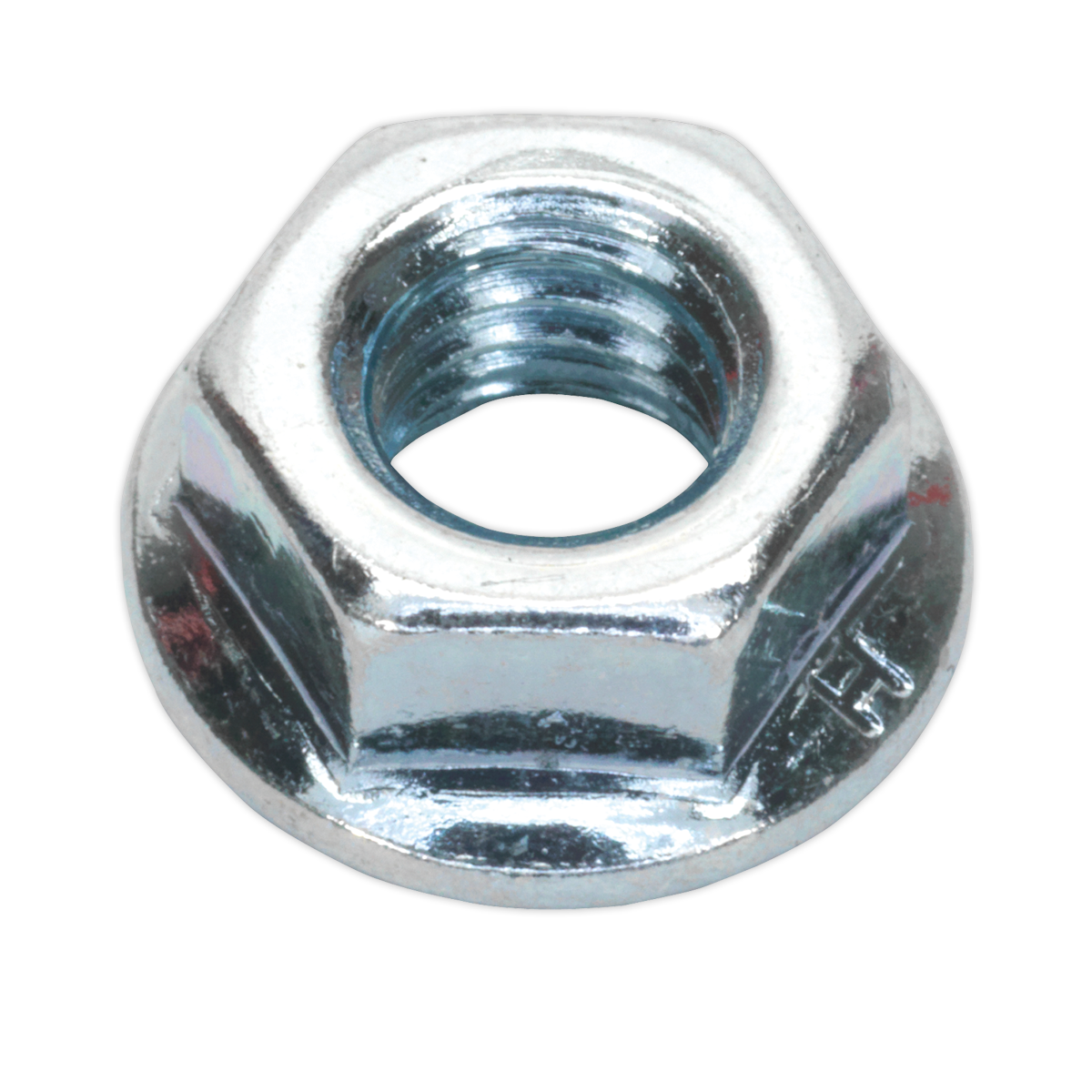 Close-up of a Sealey Flange Nut Serrated M6 Zinc from the FN6 pack of 100, featuring an internal threaded hole and a flange at its base to distribute the load over a larger area, compliant with DIN 6923 standards.