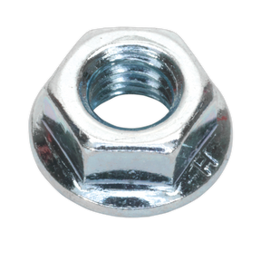 Close-up of a Sealey Flange Nut Serrated M6 Zinc from the FN6 pack of 100, featuring an internal threaded hole and a flange at its base to distribute the load over a larger area, compliant with DIN 6923 standards.