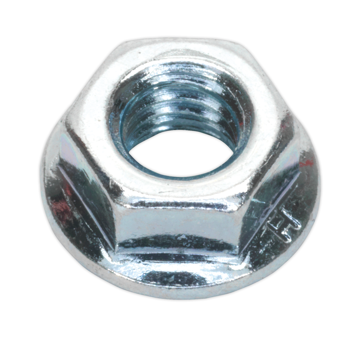 Close-up of a Sealey Flange Nut Serrated M8 Zinc (Pack of 100 - FN8), featuring a reflective surface and threaded interior.