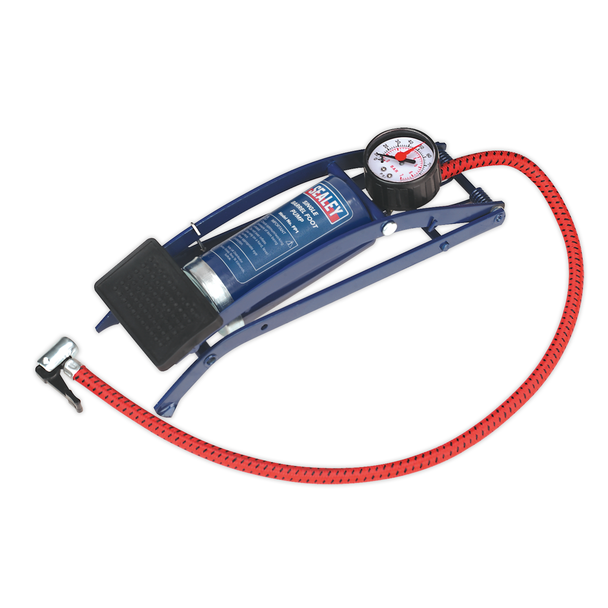 The Sealey Foot Pump Single Barrel - FP1 features a sturdy steel frame, a flexible pressure hose, and an attached dial-type pressure gauge, making it ideal for inflating items such as tires.