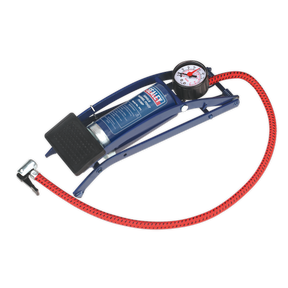 The Sealey Foot Pump Single Barrel - FP1 features a sturdy steel frame, a flexible pressure hose, and an attached dial-type pressure gauge, making it ideal for inflating items such as tires.
