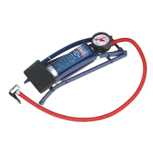 The Sealey Foot Pump Single Barrel - FP1 features a sturdy steel frame, a flexible pressure hose, and an attached dial-type pressure gauge, making it ideal for inflating items such as tires.