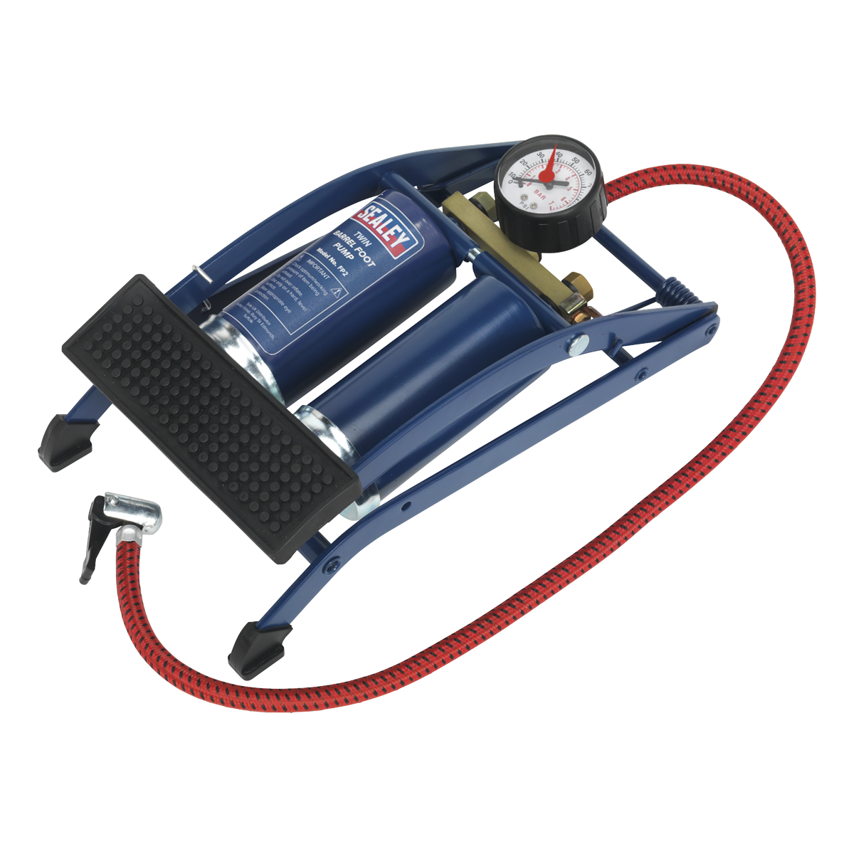 The Sealey Foot Pump Twin Barrel - FP2 is a high-power, blue foot pump that features a pressure gauge, red hose, and dual barrels for maximum efficiency.