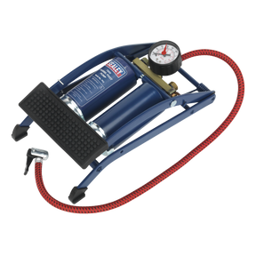 The Sealey Foot Pump Twin Barrel - FP2 is a high-power, blue foot pump that features a pressure gauge, red hose, and dual barrels for maximum efficiency.