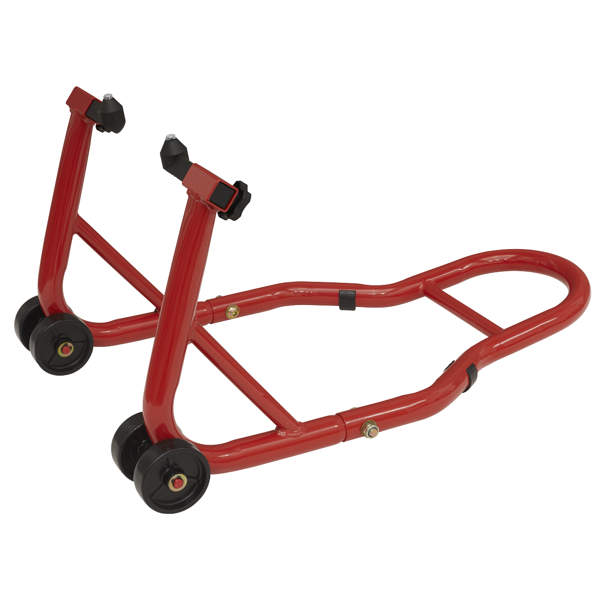 The Sealey Paddock Stand Front Fork - FPS1KD is a red rear motorcycle wheel stand equipped with black rubber wheels, designed for maintenance and storage. It features width adjustment to accommodate various bike models and provides rim protection.