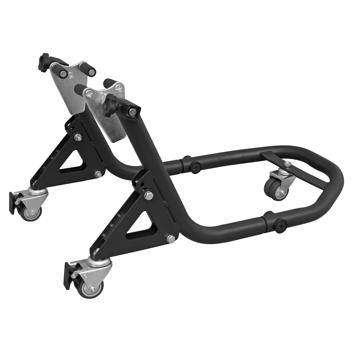 The Sealey Universal Front Paddock Stand 360° Floating - FPS1MD is a black stand featuring a triple castor wheel design for easy maneuverability around the garage.