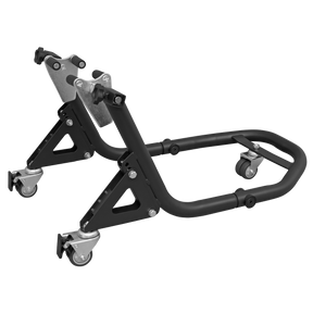 The Sealey Universal Front Paddock Stand 360° Floating - FPS1MD is a black stand featuring a triple castor wheel design for easy maneuverability around the garage.