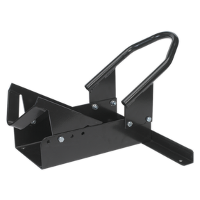 The Sealey Motorcycle Rear Wheel Chock - FPS4 is a black metallic device designed to securely hold the rear wheel in place, featuring an adjustable pivoting wheel guide for stabilizing motorcycles with wheel diameters of 14"-21".