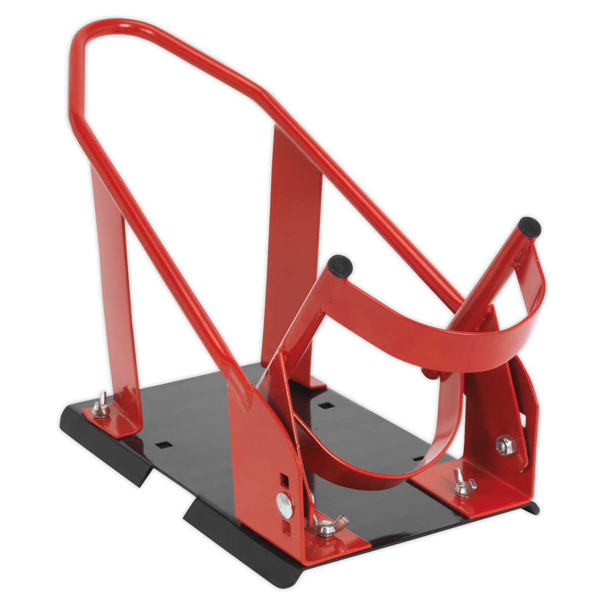 The Sealey Motorcycle Front Wheel Chock - FPS6 features a red, metal frame on a flat, black base with mounting points at each corner and an adjustable pivoting wheel guide to accommodate tire widths of 90-130mm.