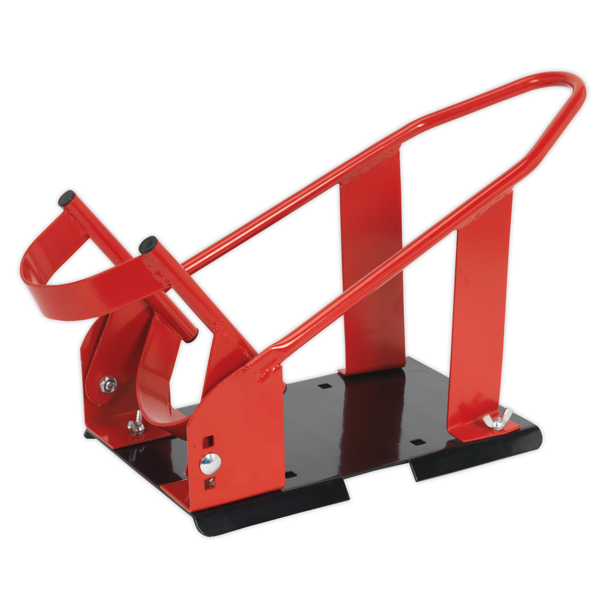 The Sealey FPS6 Motorcycle Front Wheel Chock, available in red and black metal, is designed for securing the front wheel of a motorcycle and features an adjustable pivoting wheel guide suitable for tire widths of 90-130mm.