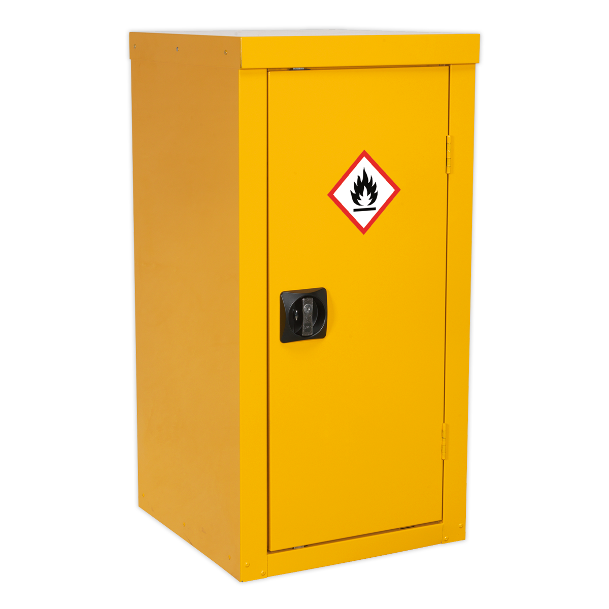 The Sealey Hazardous Substance Cabinet FSC04 (dimensions: 460 x 460 x 900mm) is a yellow safety cabinet with a black handle, featuring a flammable materials warning symbol on the door. Its compact design includes durable metal construction and an adjustable shelf for versatile storage options.