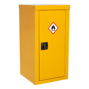 The Sealey Hazardous Substance Cabinet FSC04 (dimensions: 460 x 460 x 900mm) is a yellow safety cabinet with a black handle, featuring a flammable materials warning symbol on the door. Its compact design includes durable metal construction and an adjustable shelf for versatile storage options.