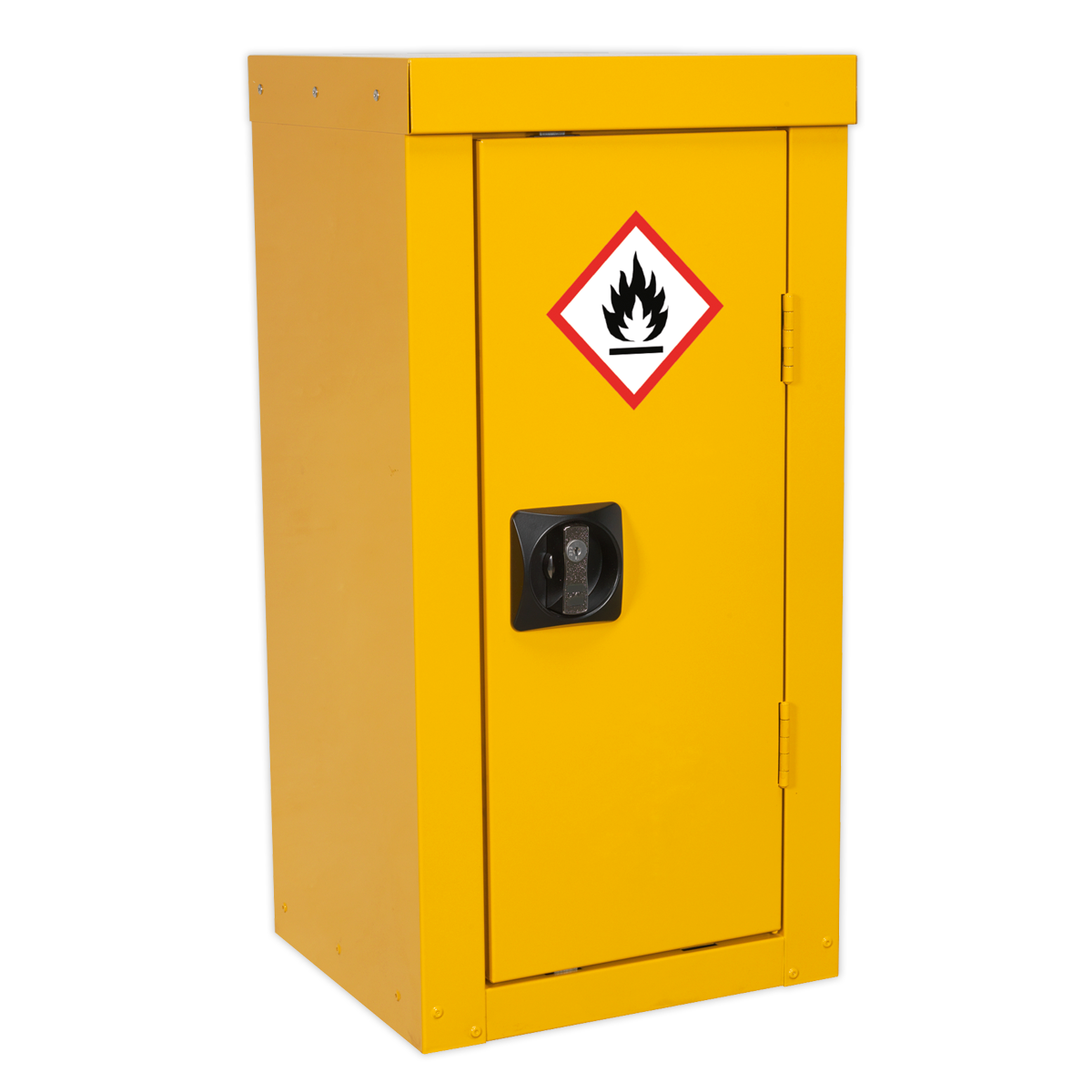 The Sealey Hazardous Substance Cabinet 350 x 300 x 705mm - FSC06 is a yellow metal cabinet, complete with a black handle and a hazardous material sign featuring a flame symbol on the front door. It boasts sturdy metal construction and includes an adjustable shelf inside for versatile storage.