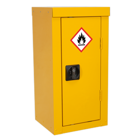 The Sealey Hazardous Substance Cabinet 350 x 300 x 705mm - FSC06 is a yellow metal cabinet, complete with a black handle and a hazardous material sign featuring a flame symbol on the front door. It boasts sturdy metal construction and includes an adjustable shelf inside for versatile storage.