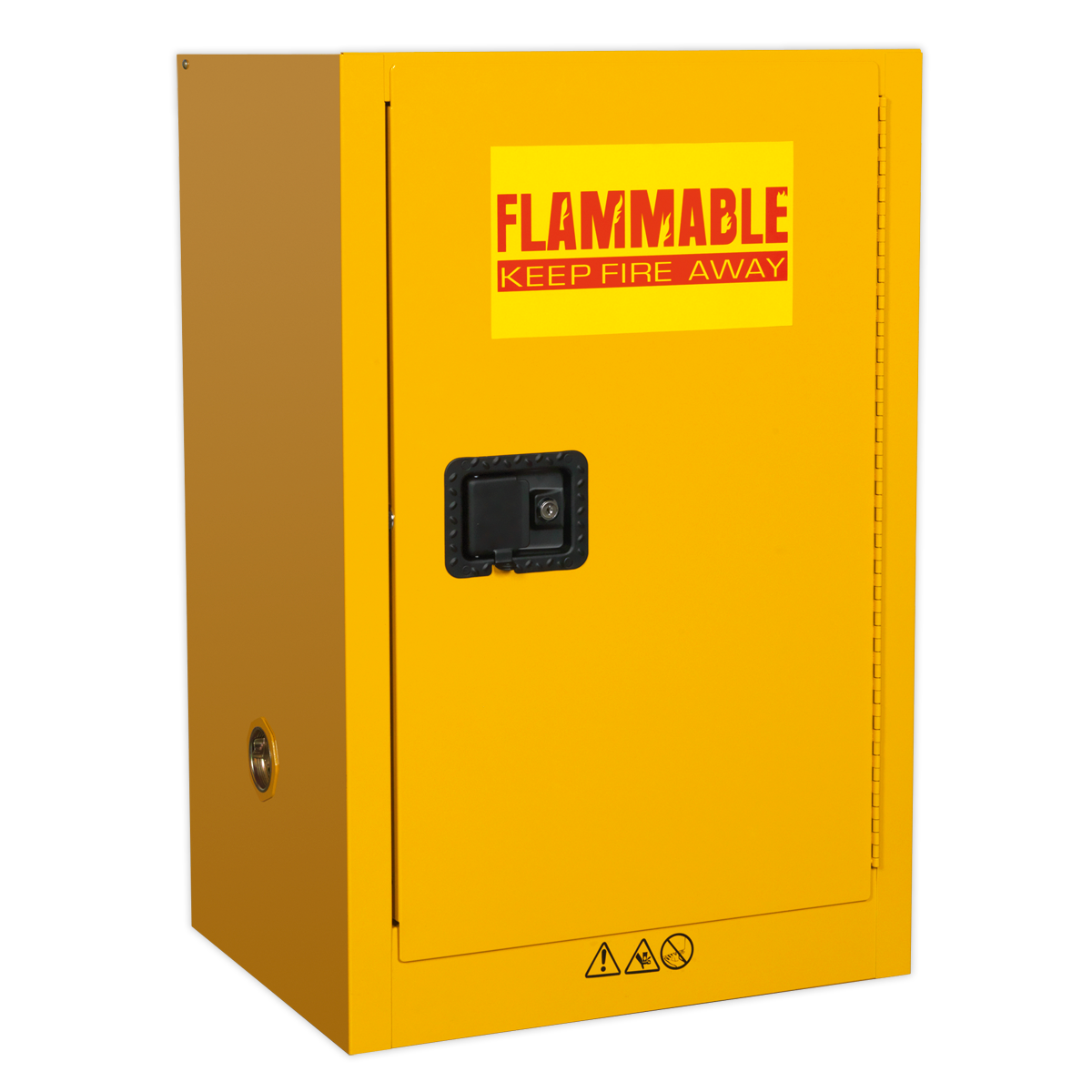 The Sealey Flammables Storage Cabinet FSC07, measuring 585 x 455 x 890mm, is yellow and features an adjustable shelf, a "FLAMMABLE KEEP FIRE AWAY" label on the door, and a center handle equipped with a secure 3-point key lock.