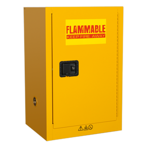 The Sealey Flammables Storage Cabinet FSC07, measuring 585 x 455 x 890mm, is yellow and features an adjustable shelf, a "FLAMMABLE KEEP FIRE AWAY" label on the door, and a center handle equipped with a secure 3-point key lock.