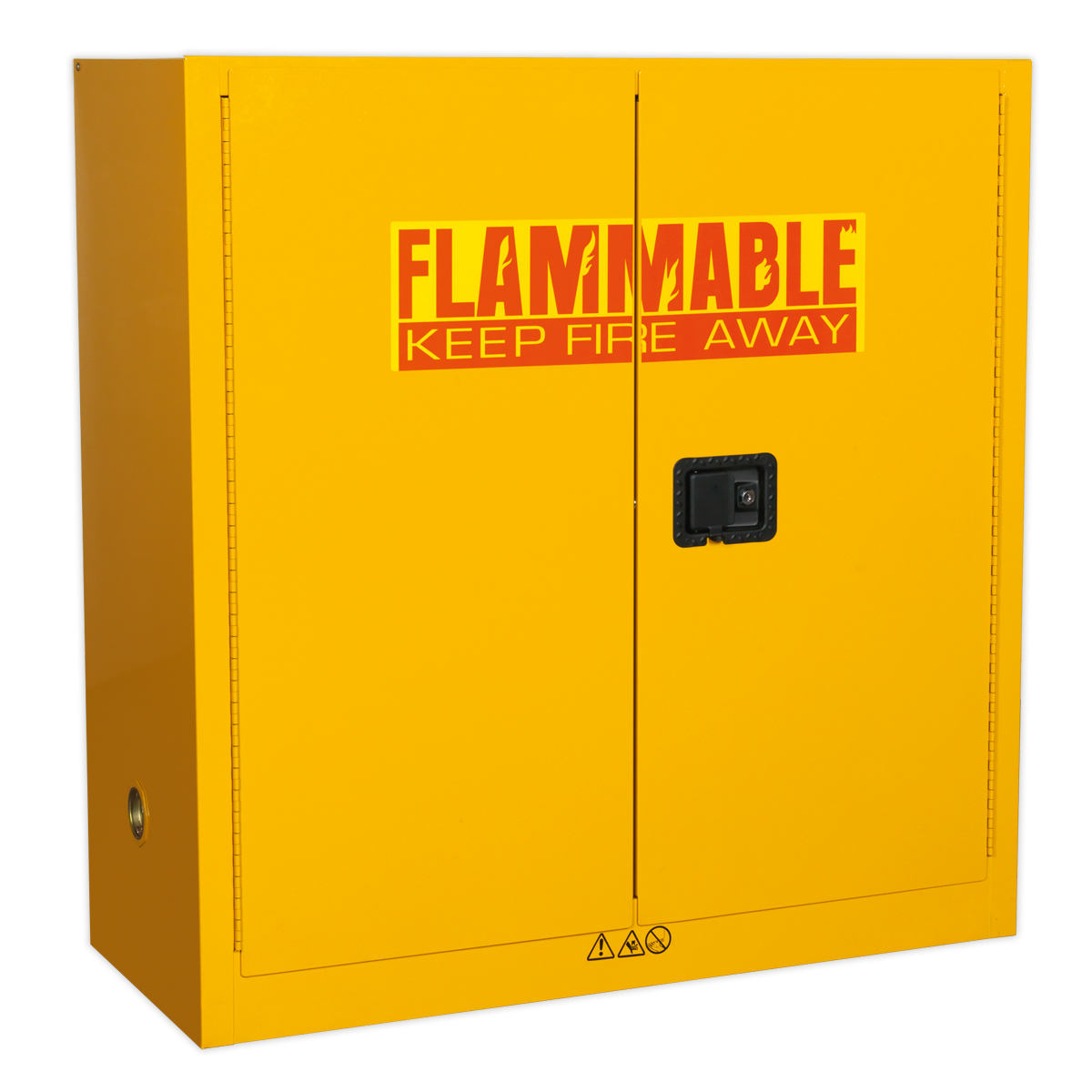 The Sealey Flammables Storage Cabinet FSC09, measuring 1095 x 460 x 1120mm, comes in yellow with a black handle and is marked with the warning text “FLAMMABLE KEEP FIRE AWAY” in red and yellow on the doors. Featuring a sturdy metal construction and an adjustable lipped shelf, it ensures the safe storage of flammables.