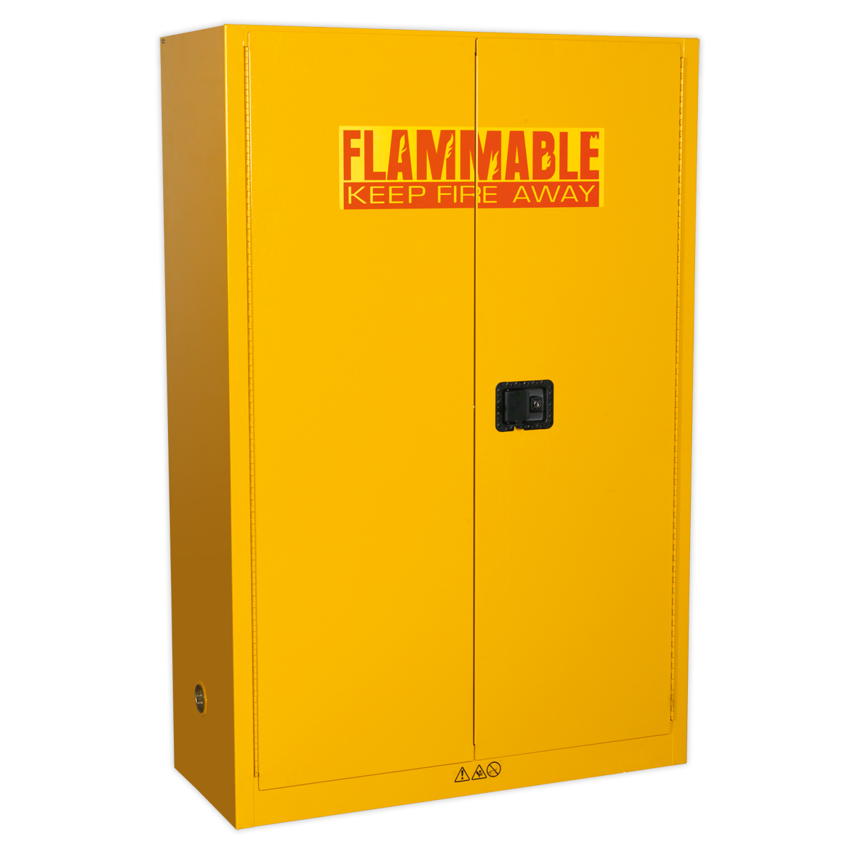 The Sealey Flammables Storage Cabinet FSC10, measuring 1095 x 460 x 1655mm, features a yellow metal construction with two doors, a black handle, and adjustable shelves for convenient organization. It has a "Flammable Keep Fire Away" warning sign on the front.