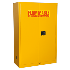 The Sealey Flammables Storage Cabinet FSC10, measuring 1095 x 460 x 1655mm, features a yellow metal construction with two doors, a black handle, and adjustable shelves for convenient organization. It has a "Flammable Keep Fire Away" warning sign on the front.