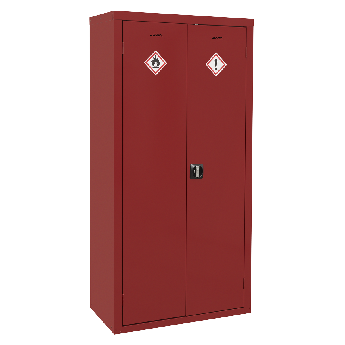 The Sealey Pesticide/Agrochemical Substance Cabinet FSC14, measuring 900 x 460 x 1800mm, is a red metal storage unit with two doors displaying hazardous material warning symbols. It features a black key lock at the center and includes adjustable shelves for versatile storage.