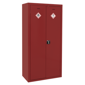 The Sealey Pesticide/Agrochemical Substance Cabinet FSC14, measuring 900 x 460 x 1800mm, is a red metal storage unit with two doors displaying hazardous material warning symbols. It features a black key lock at the center and includes adjustable shelves for versatile storage.