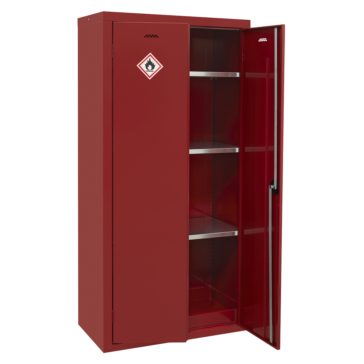 The Sealey Pesticide/Agrochemical Substance Cabinet 900 x 460 x 1800mm - FSC14 is a robust red metal cabinet with an open door revealing three adjustable shelves. Constructed from sturdy metal, it features a flammable materials warning symbol on the front and is secured by a key lock.