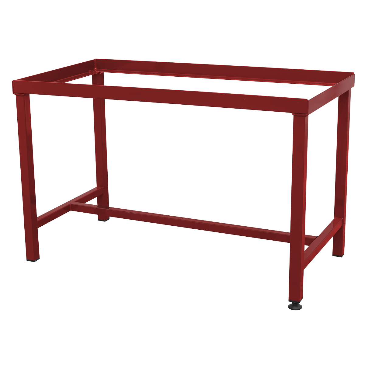 Sealey's FSC17ST Floor Stand for FSC17 is a red powder-coated metal table frame with four legs and no tabletop. This sturdy metal stand offers durability and strength.