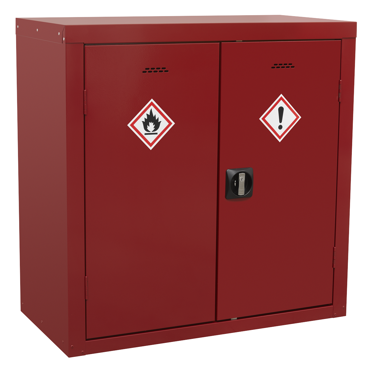 The Sealey Pesticide/Agrochemical Substance Cabinet 900 x 460 x 900mm - FSC17, made of sturdy metal construction, features hazard symbols for flammable and general hazardous materials. It has a lock in the center of its perforated doors and includes an adjustable shelf inside.