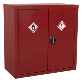 The Sealey Pesticide/Agrochemical Substance Cabinet 900 x 460 x 900mm - FSC17, made of sturdy metal construction, features hazard symbols for flammable and general hazardous materials. It has a lock in the center of its perforated doors and includes an adjustable shelf inside.