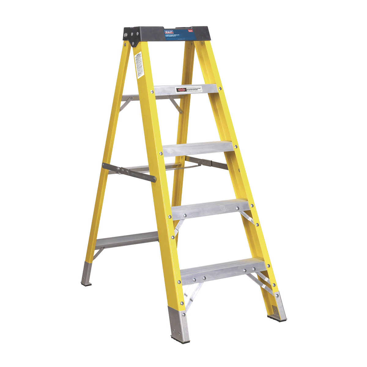 A Sealey Fibreglass Step Ladder 4-Tread EN 131 - FSL5, standing upright on a white background, showcases its yellow and silver demeanor. Crafted from metal and heavy-duty fibreglass, it includes four non-conductive steps that prioritize safety. The slip-resistant design further enhances security.