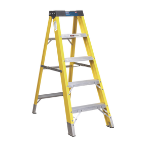 A Sealey Fibreglass Step Ladder 4-Tread EN 131 - FSL5, standing upright on a white background, showcases its yellow and silver demeanor. Crafted from metal and heavy-duty fibreglass, it includes four non-conductive steps that prioritize safety. The slip-resistant design further enhances security.